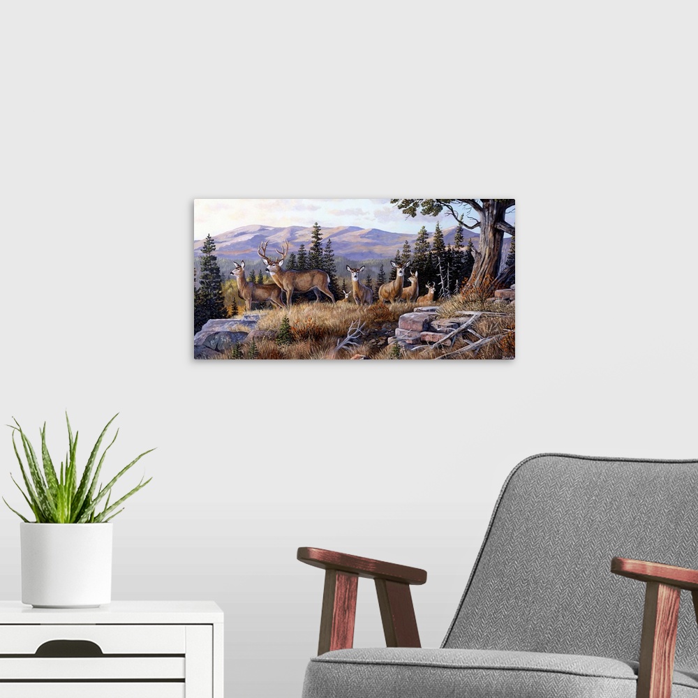 A modern room featuring Oversized, horizontal art of a small herd of deer standing on a grassy ledge, a line of pine tree...