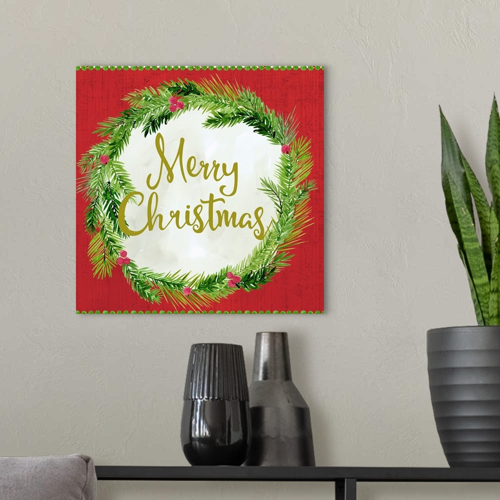 A modern room featuring "Merry Christmas" surrounded by a wreath.