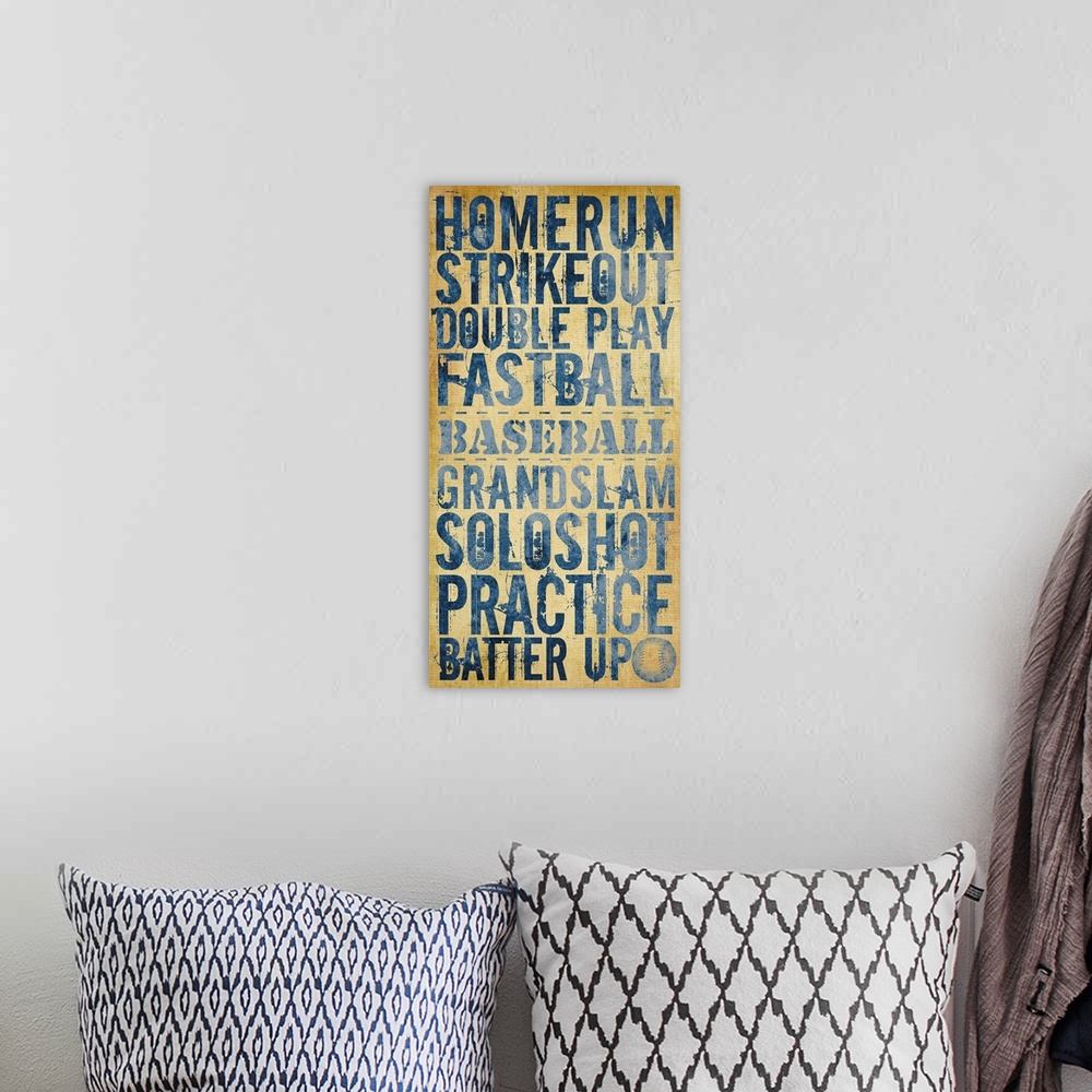 A bohemian room featuring Home Run typography art - dark blue