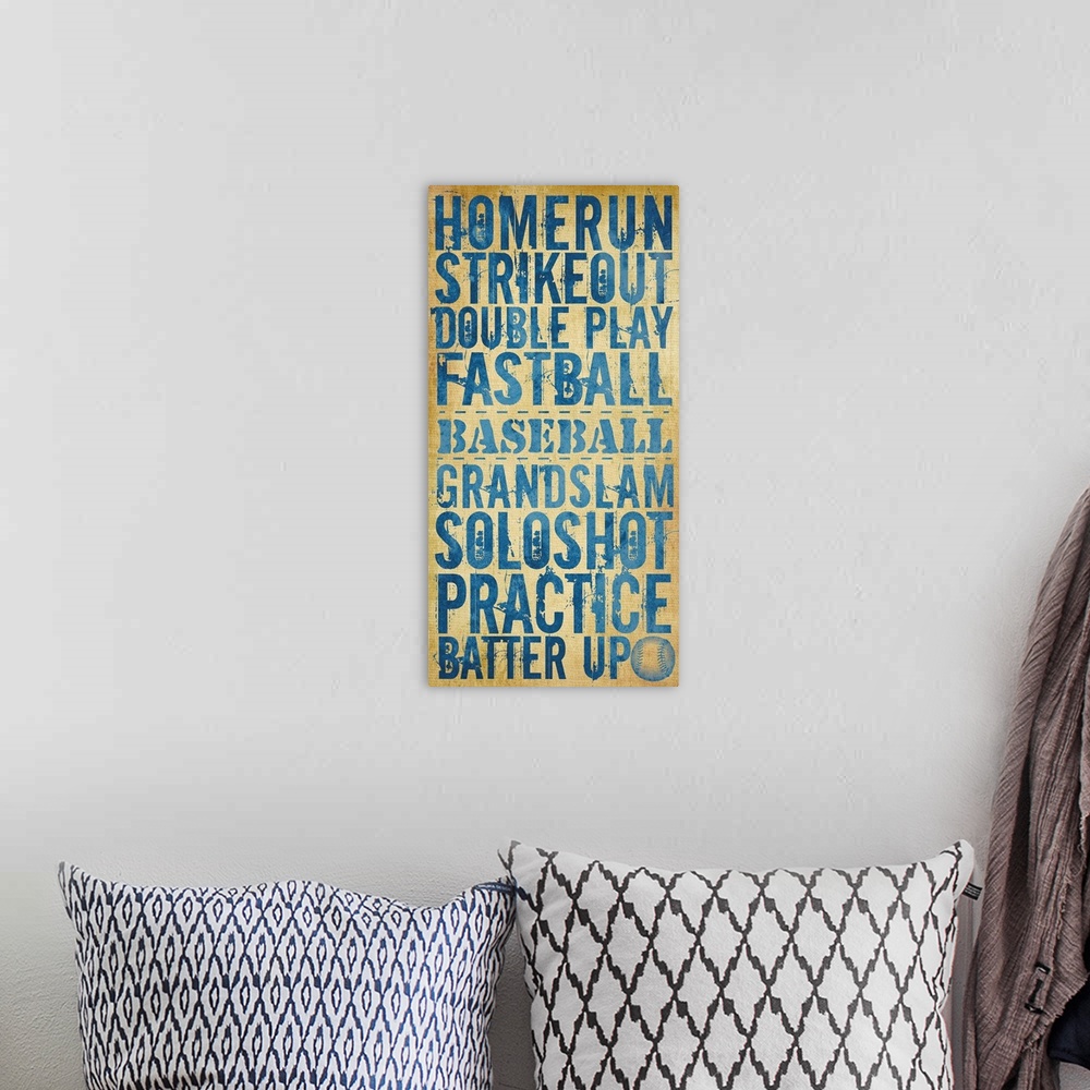 A bohemian room featuring Home Run typography art - light blue