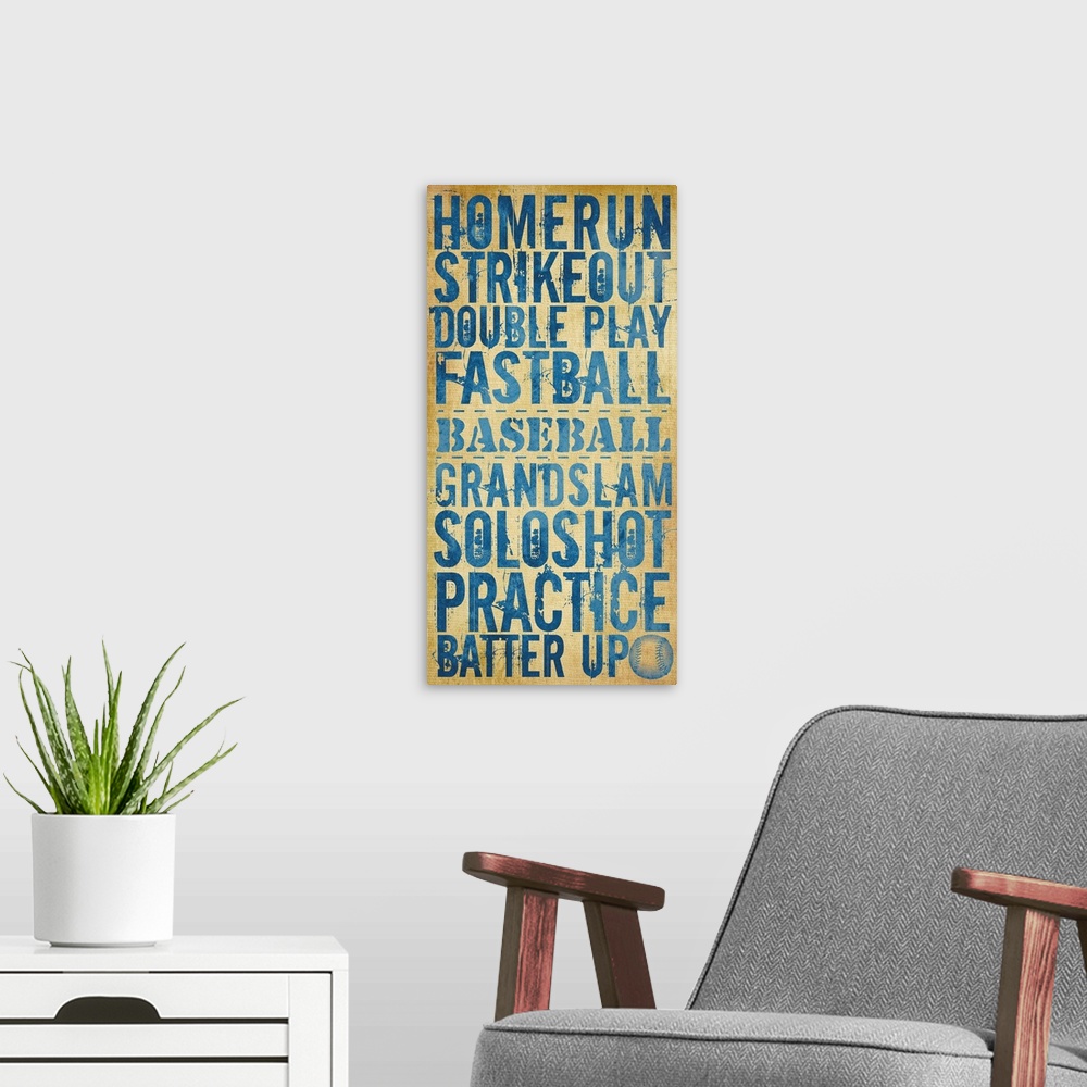 A modern room featuring Home Run typography art - light blue