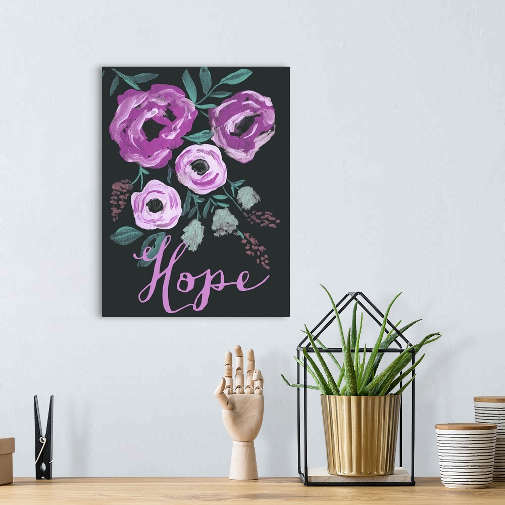 A bohemian room featuring Contemporary painting of purple flowers and a pink sentiment against a black background.