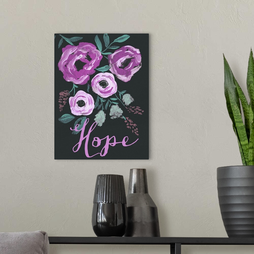 A modern room featuring Contemporary painting of purple flowers and a pink sentiment against a black background.
