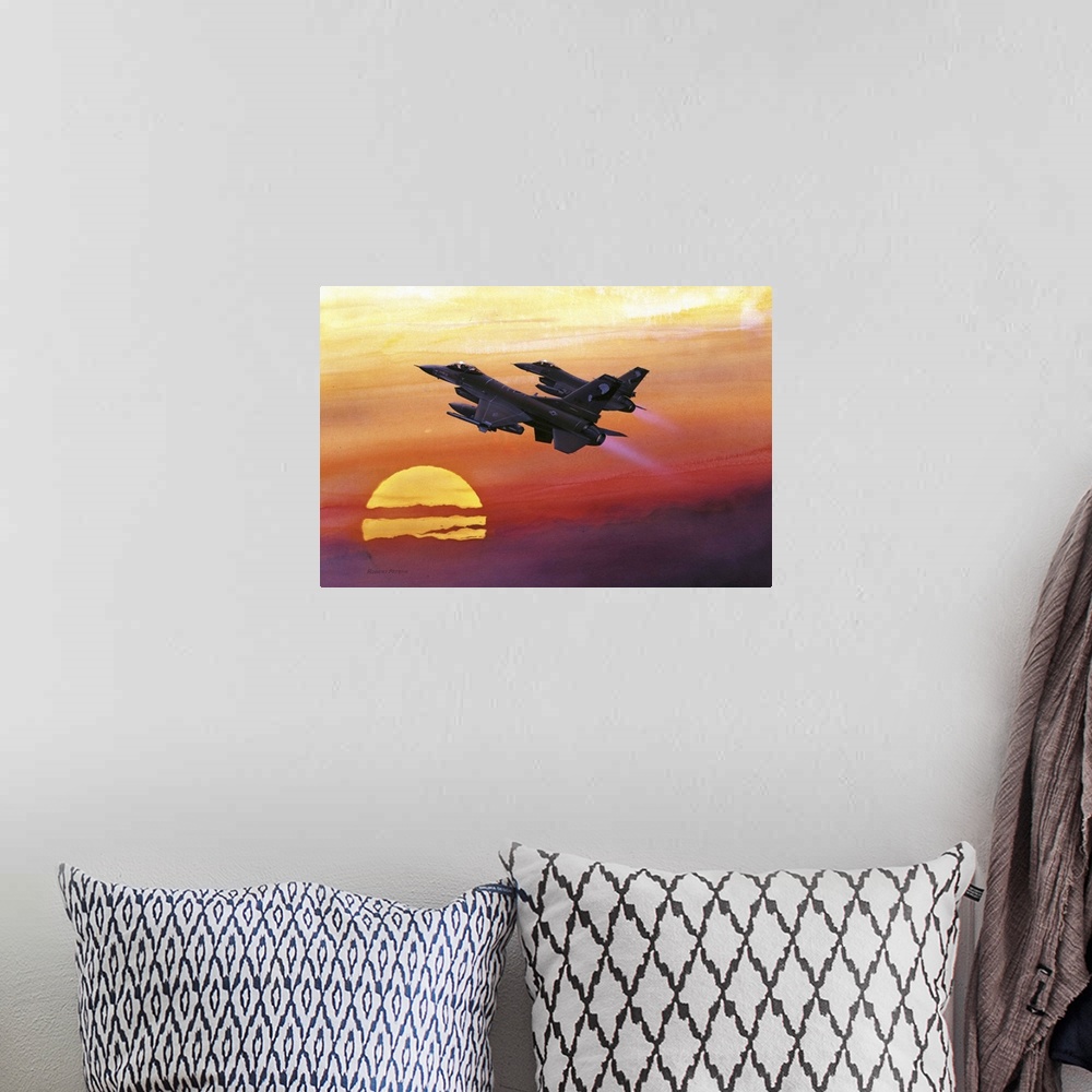A bohemian room featuring Contemporary artwork featuring F-16 Fighting Falcons flying upwards against a bold, warm sunset.