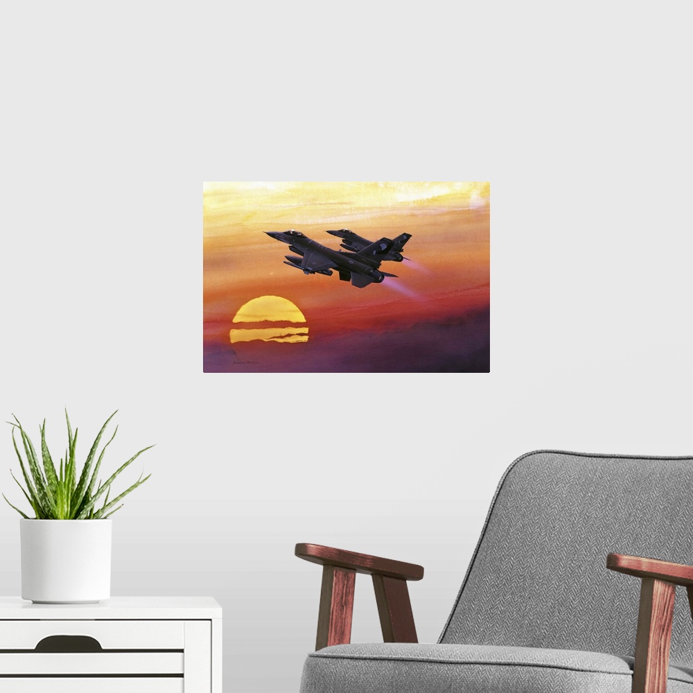 A modern room featuring Contemporary artwork featuring F-16 Fighting Falcons flying upwards against a bold, warm sunset.