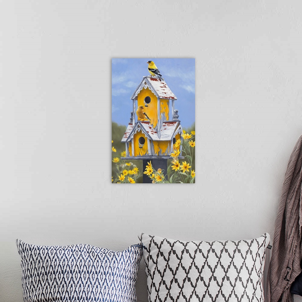 A bohemian room featuring This is a photorealistic painting of garden birds on a bird house with distressed paint surrounde...