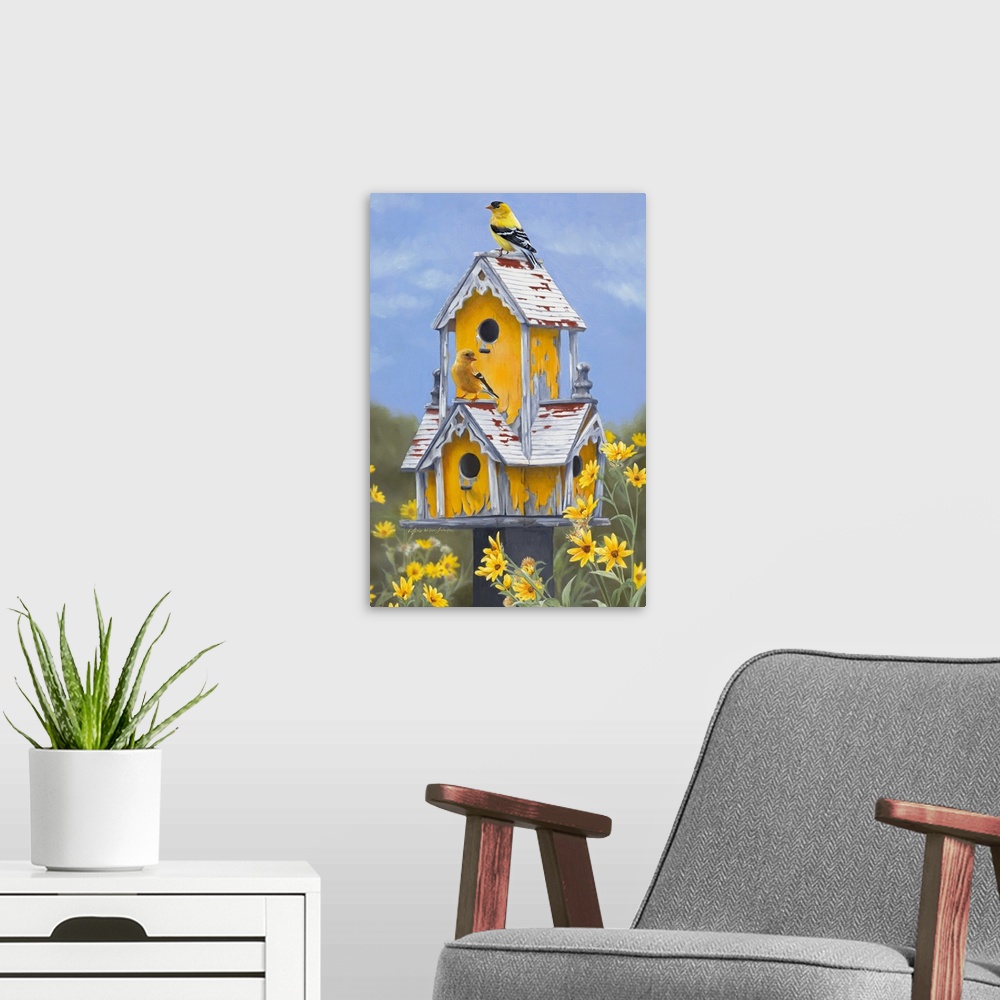 A modern room featuring This is a photorealistic painting of garden birds on a bird house with distressed paint surrounde...