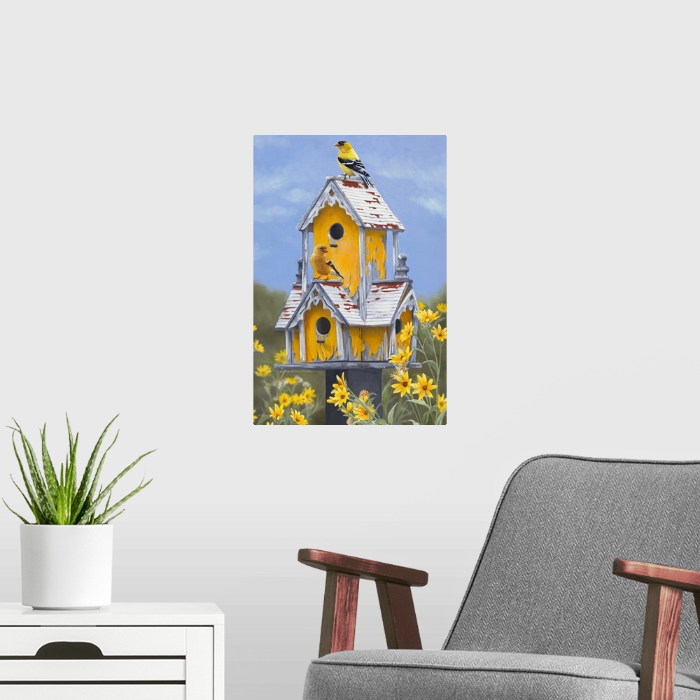 A modern room featuring This is a photorealistic painting of garden birds on a bird house with distressed paint surrounde...
