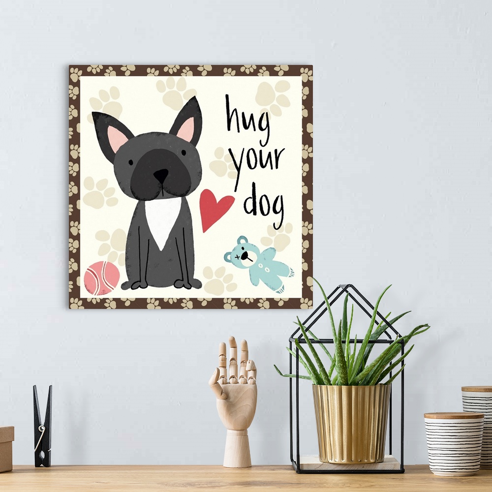 A bohemian room featuring Hug Your Dog