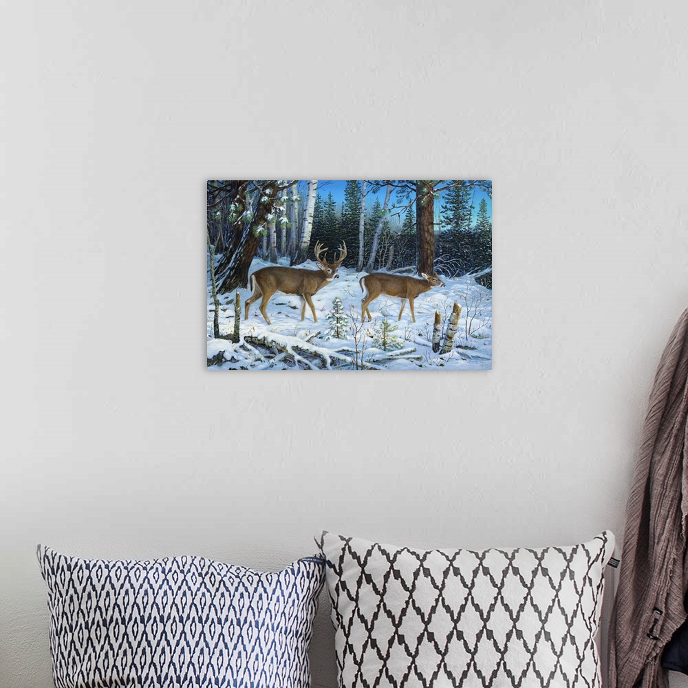 A bohemian room featuring Contemporary artwork of a pair of deer walking quietly in a forest in the snow.