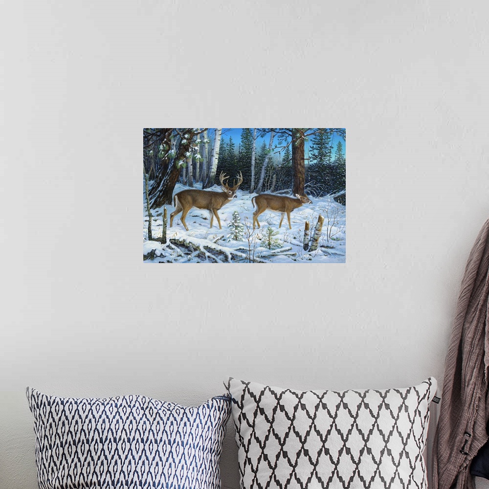 A bohemian room featuring Contemporary artwork of a pair of deer walking quietly in a forest in the snow.