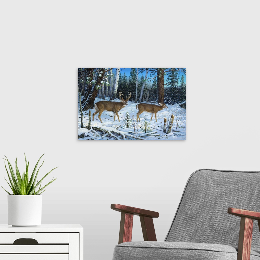 A modern room featuring Contemporary artwork of a pair of deer walking quietly in a forest in the snow.