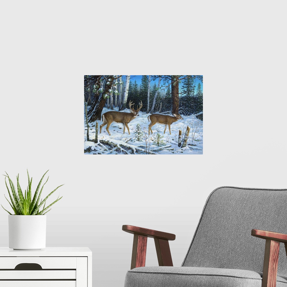 A modern room featuring Contemporary artwork of a pair of deer walking quietly in a forest in the snow.