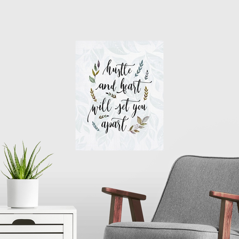 A modern room featuring Textual art of an inspirational statement in a script font, surrounded by branch and leaf graphic...