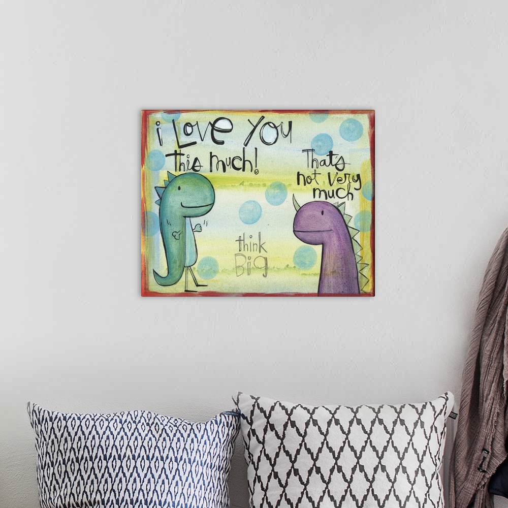 A bohemian room featuring Cute illustration of two dinosaurs in love.