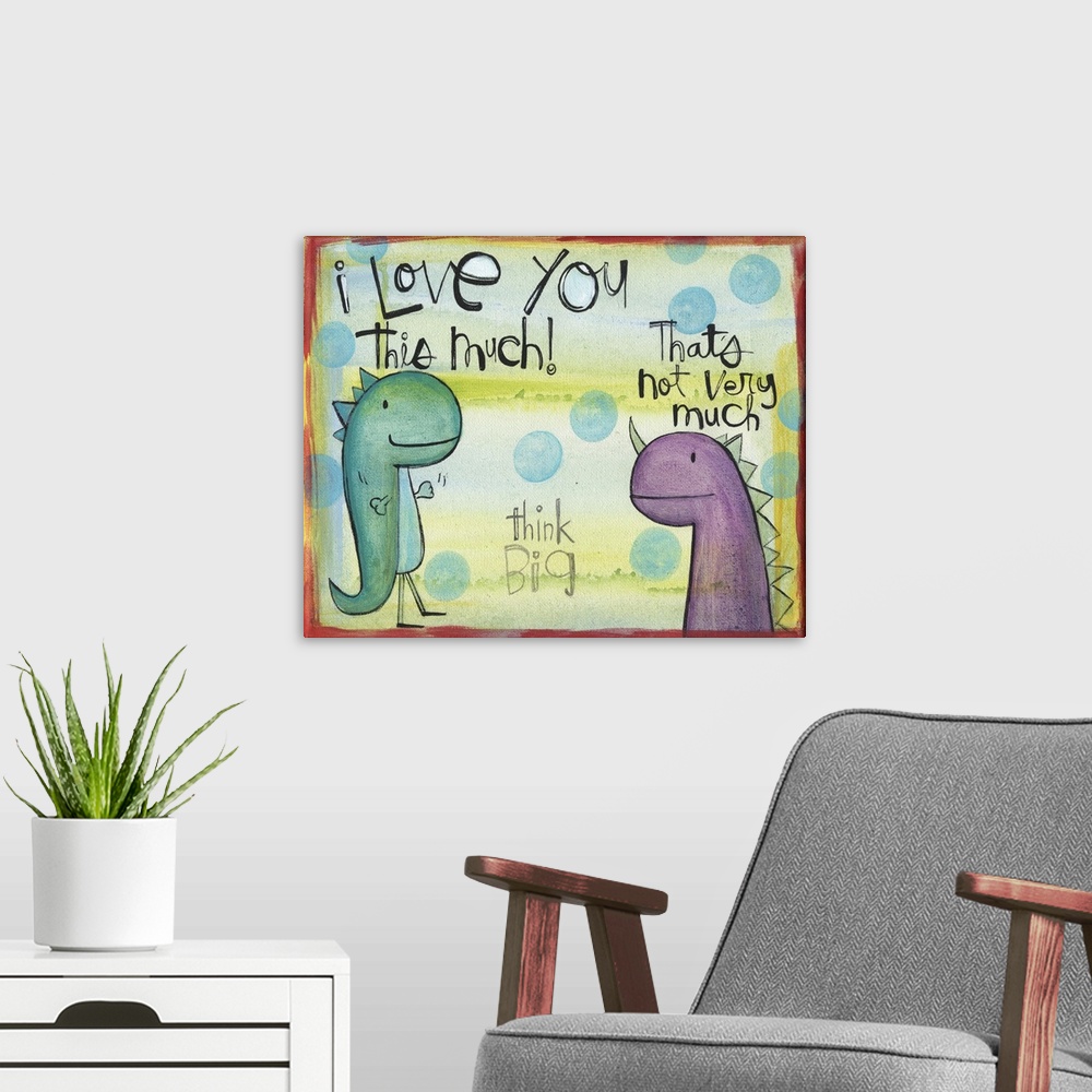 A modern room featuring Cute illustration of two dinosaurs in love.