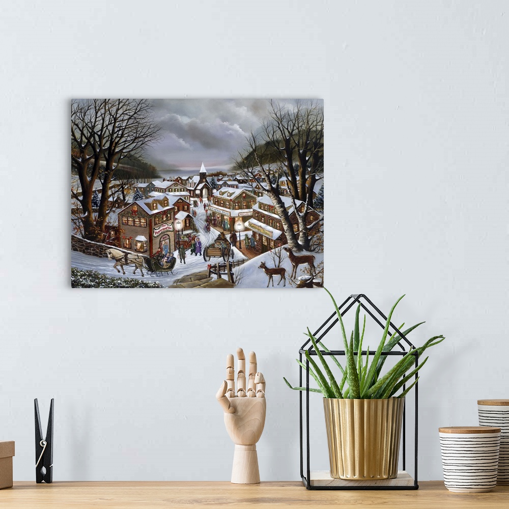 A bohemian room featuring Contemporary painting of a quaint village covered in snow at Christmastime.