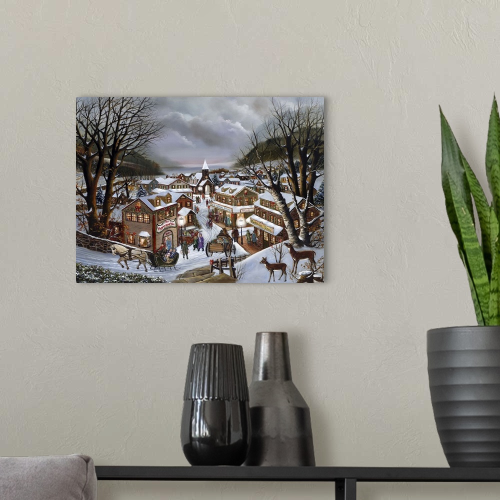 A modern room featuring Contemporary painting of a quaint village covered in snow at Christmastime.