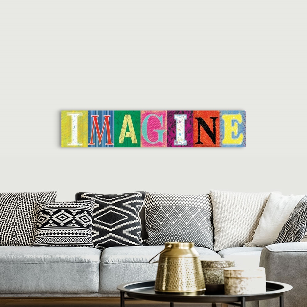 A bohemian room featuring Imagine, letters