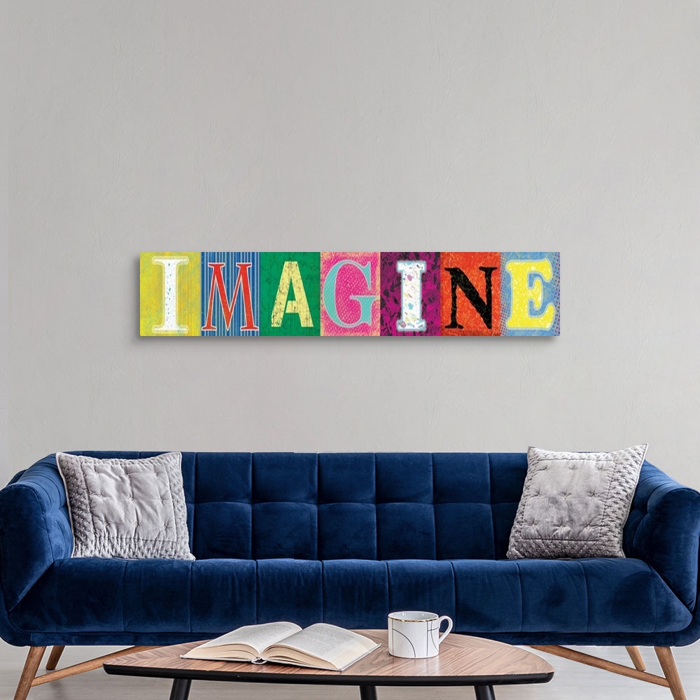 A modern room featuring Imagine, letters