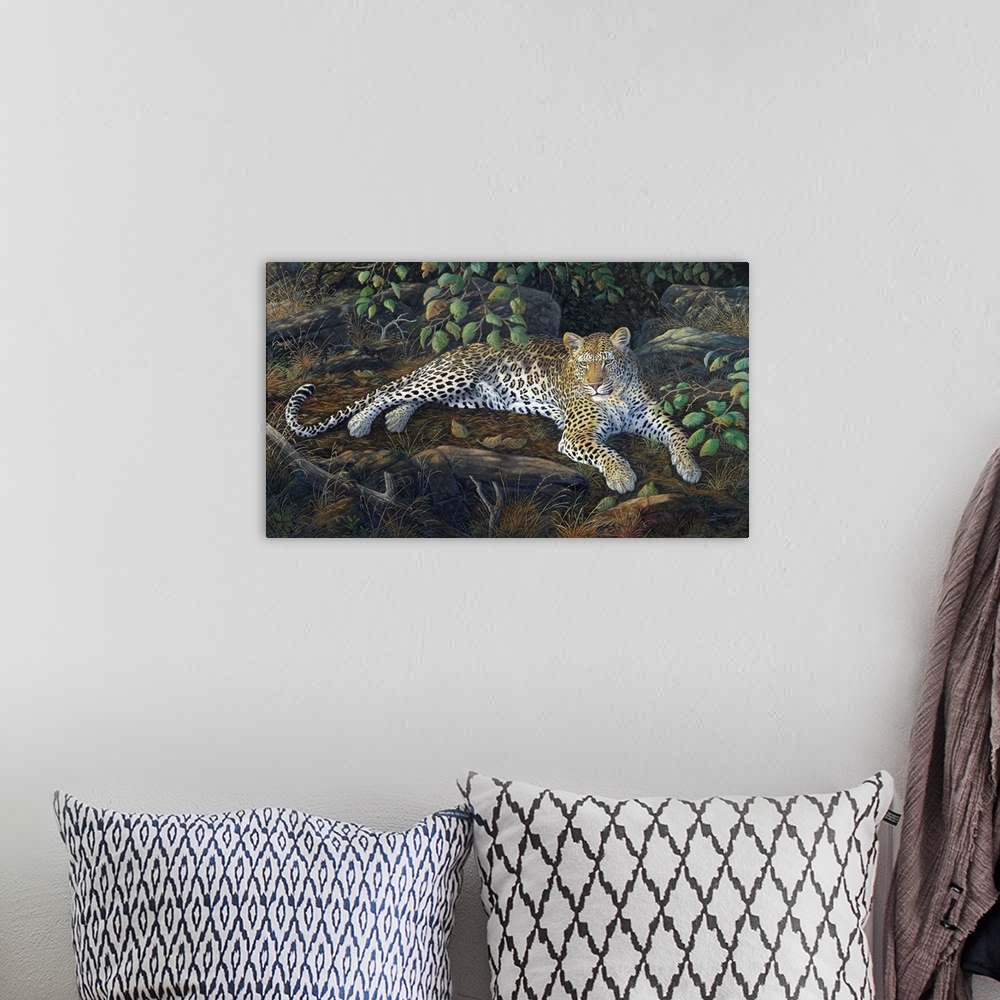 A bohemian room featuring Contemporary artwork of a jaguar lounging on the jungle floor.