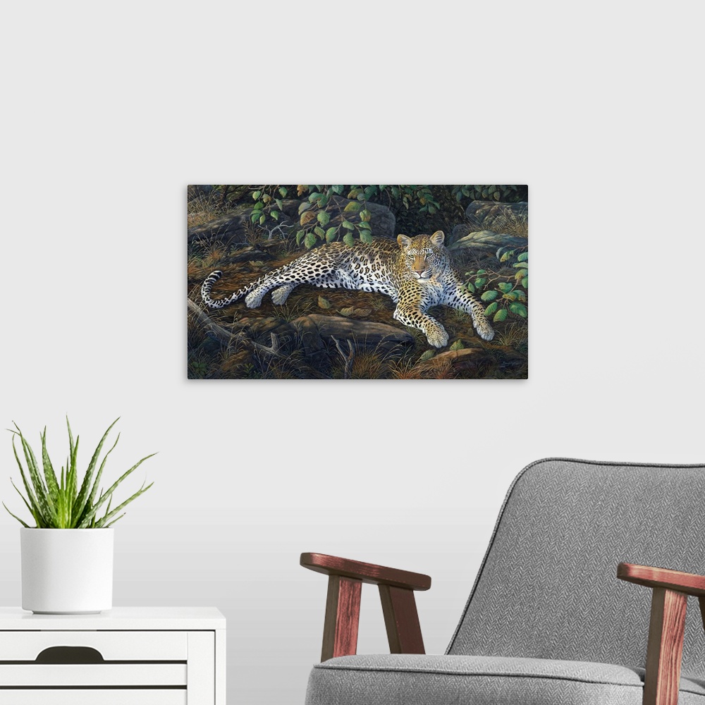 A modern room featuring Contemporary artwork of a jaguar lounging on the jungle floor.