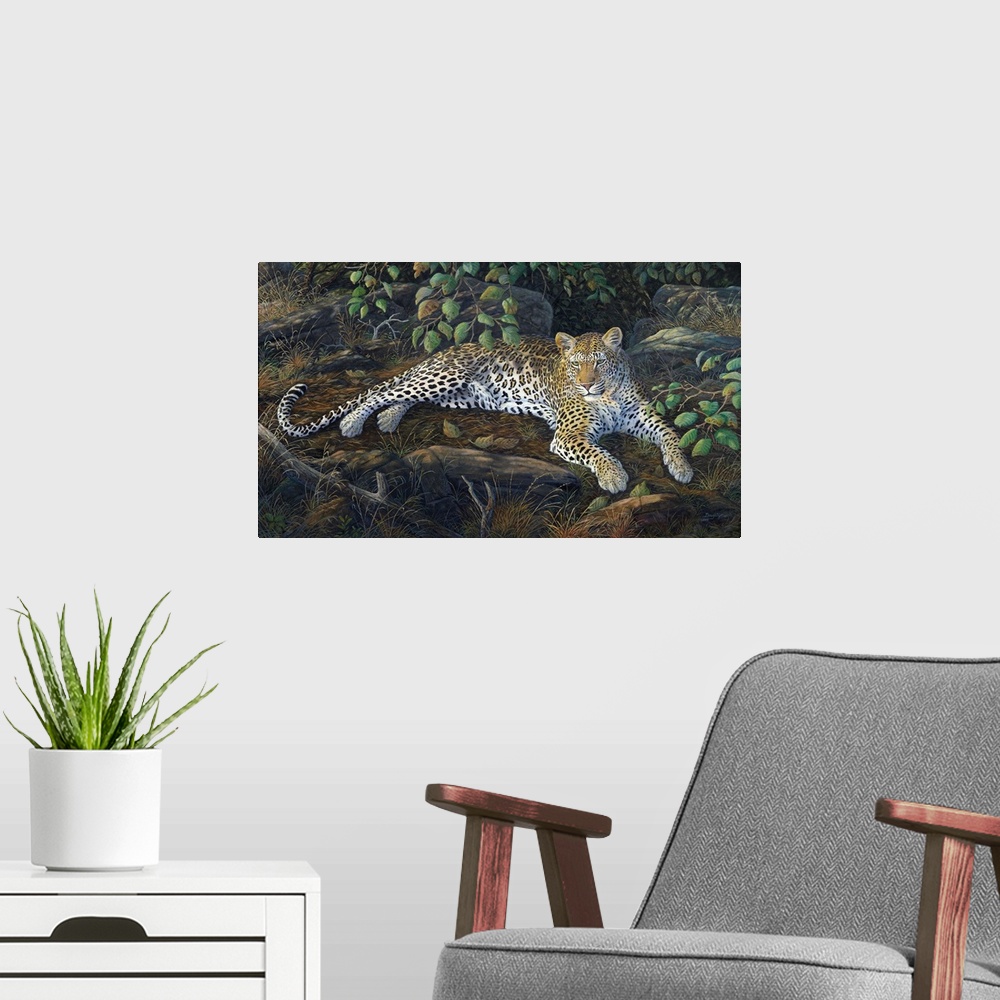 A modern room featuring Contemporary artwork of a jaguar lounging on the jungle floor.