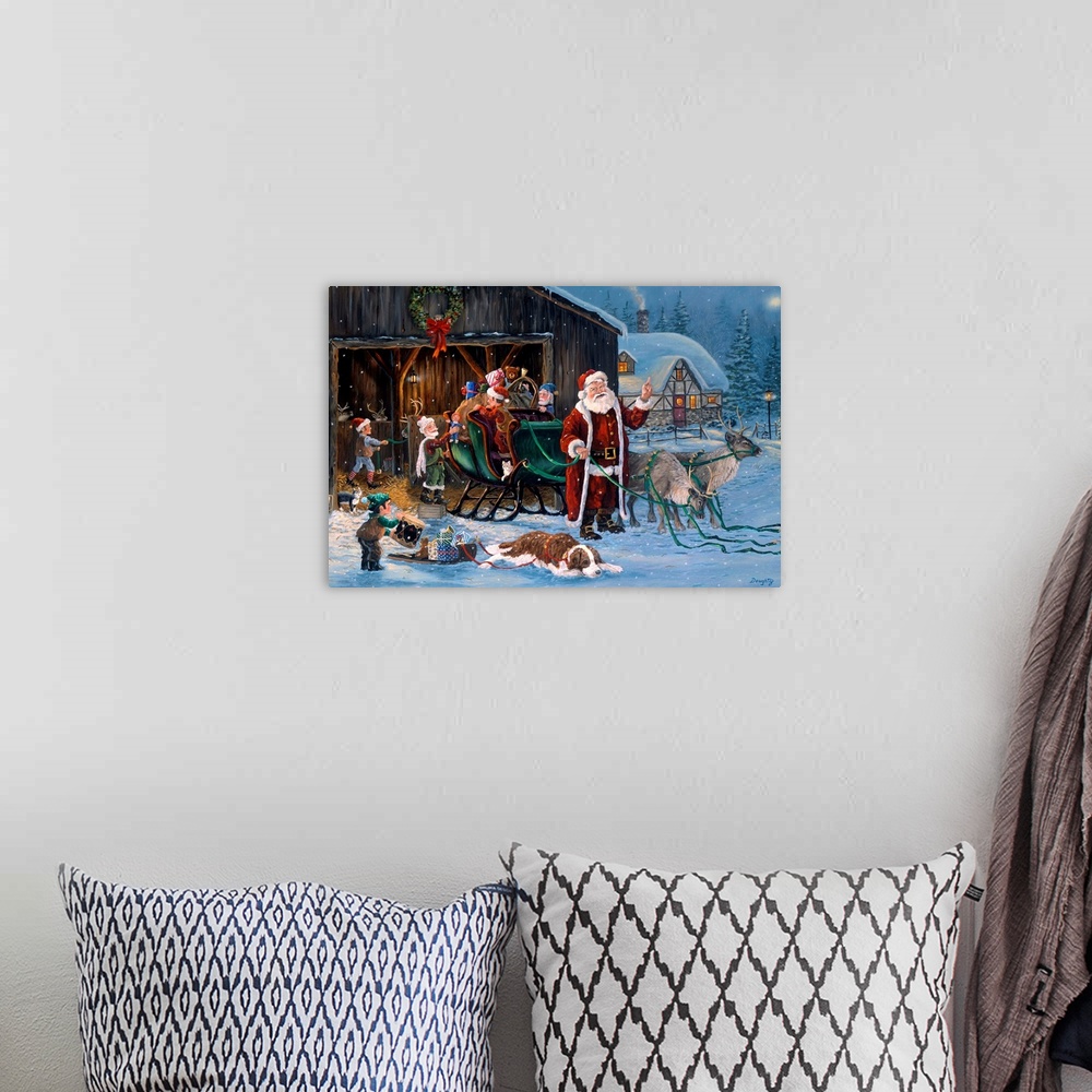 A bohemian room featuring Large, horizontal wall picture of Santa Claus standing in front of his sleigh while elves load it...