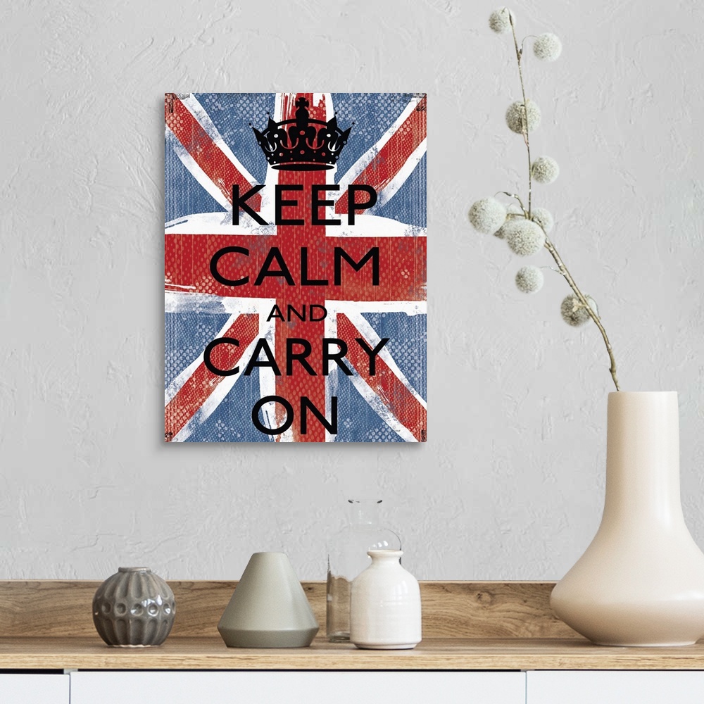 A farmhouse room featuring Vertical artwork on a large canvas of a roughly painted British flag, textured with small, repeat...