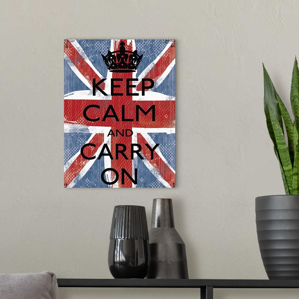 A modern room featuring Vertical artwork on a large canvas of a roughly painted British flag, textured with small, repeat...