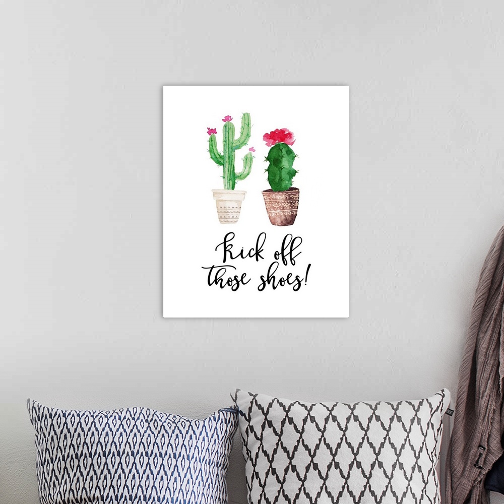 A bohemian room featuring This decor features watercolor cactus plants with the words, "Kick off those shoes" underneath.