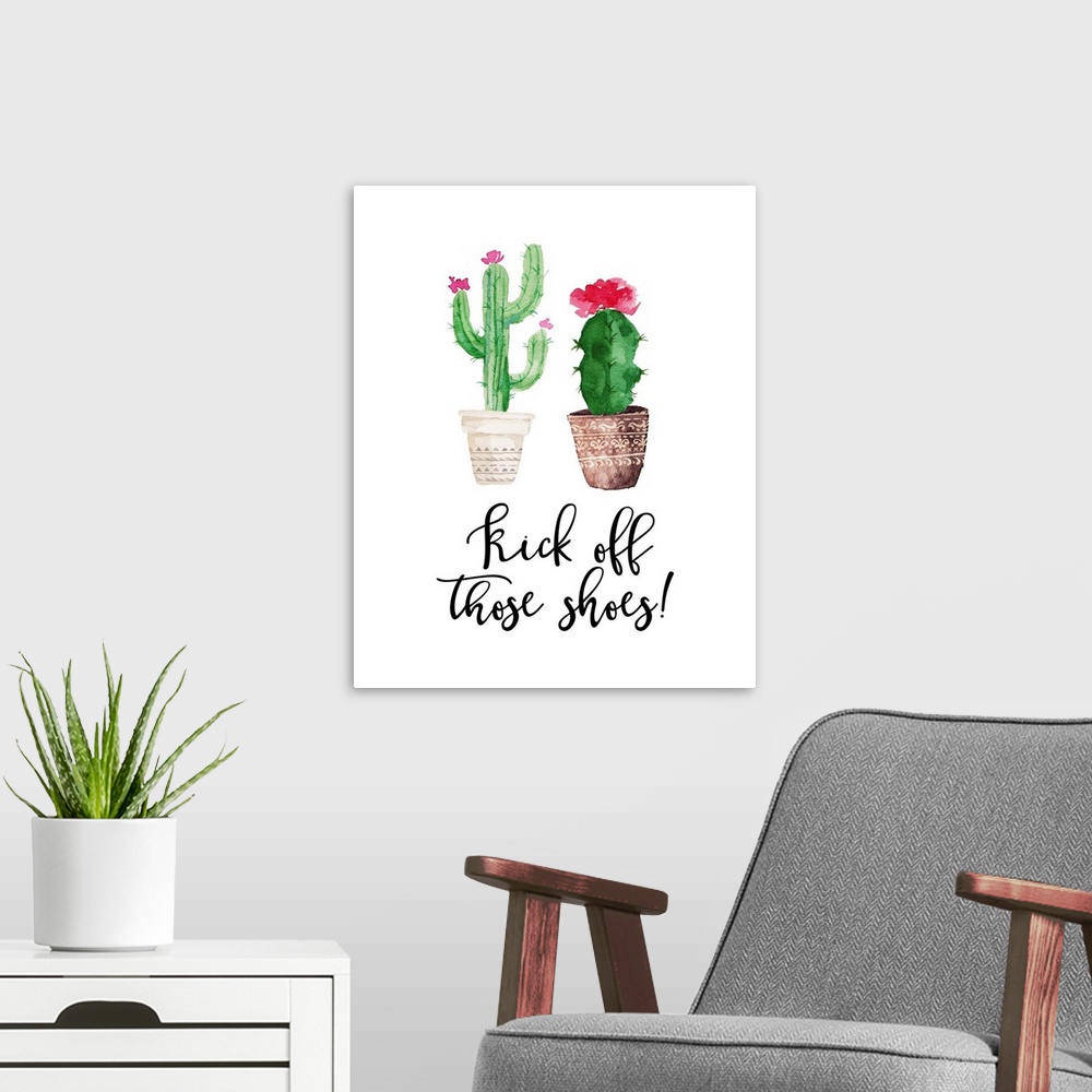 A modern room featuring This decor features watercolor cactus plants with the words, "Kick off those shoes" underneath.