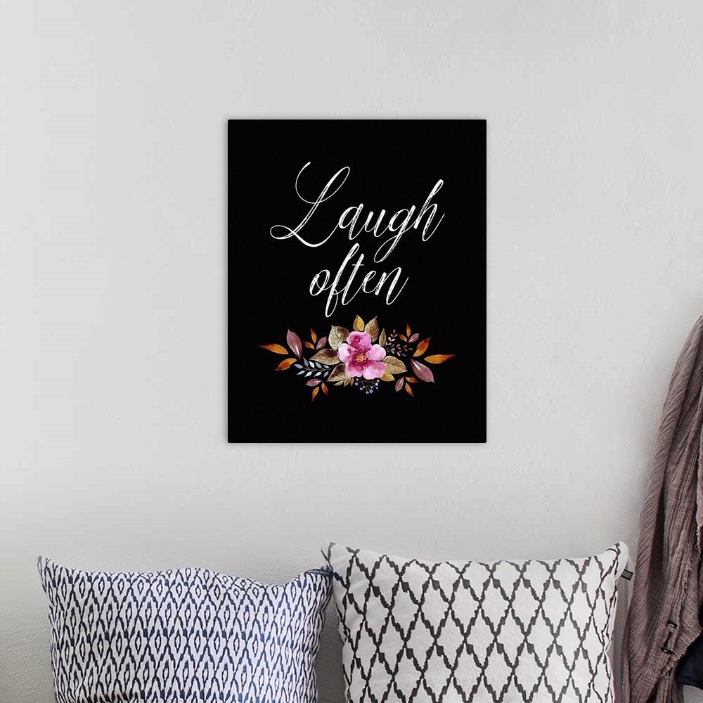 A bohemian room featuring Inspirational sentiment above a floral arrangement on a solid black background.