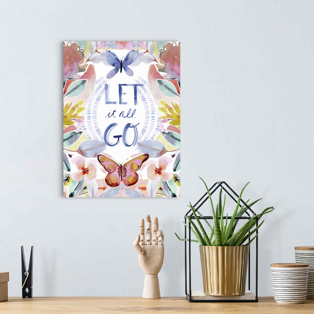 A bohemian room featuring Contemporary watercolor artwork of a sentiment surrounded by bright flowers.