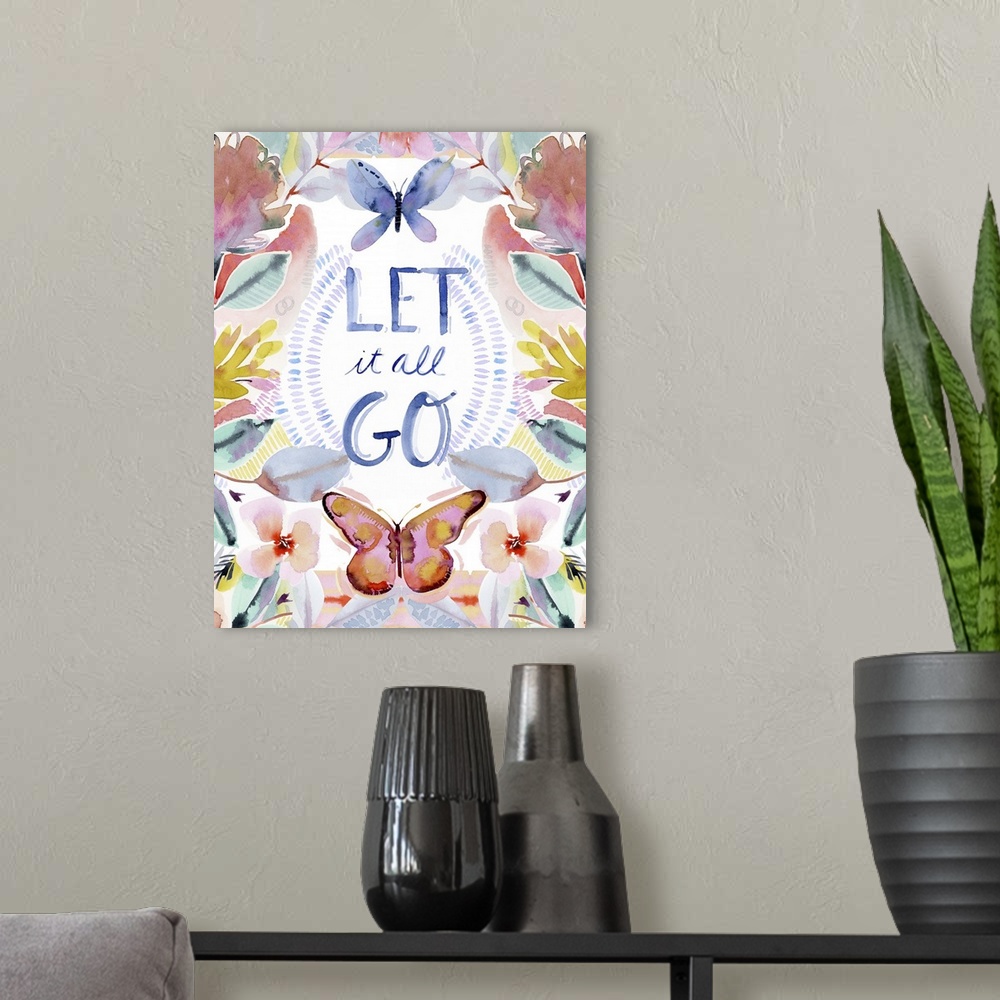 A modern room featuring Contemporary watercolor artwork of a sentiment surrounded by bright flowers.