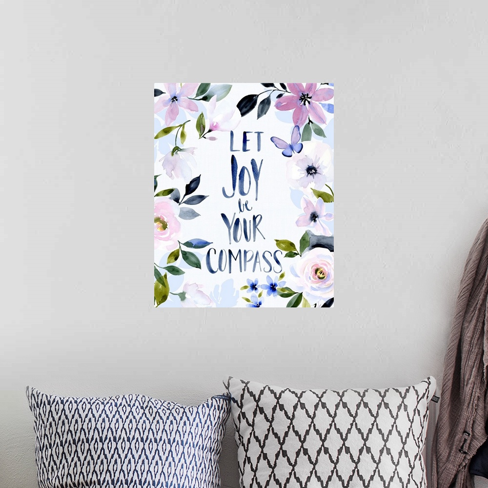 A bohemian room featuring Watercolor illustration with hand written text and white roses.