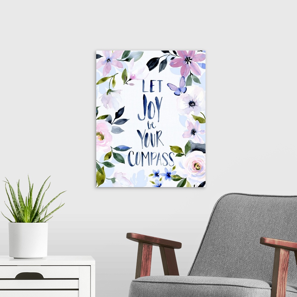 A modern room featuring Watercolor illustration with hand written text and white roses.