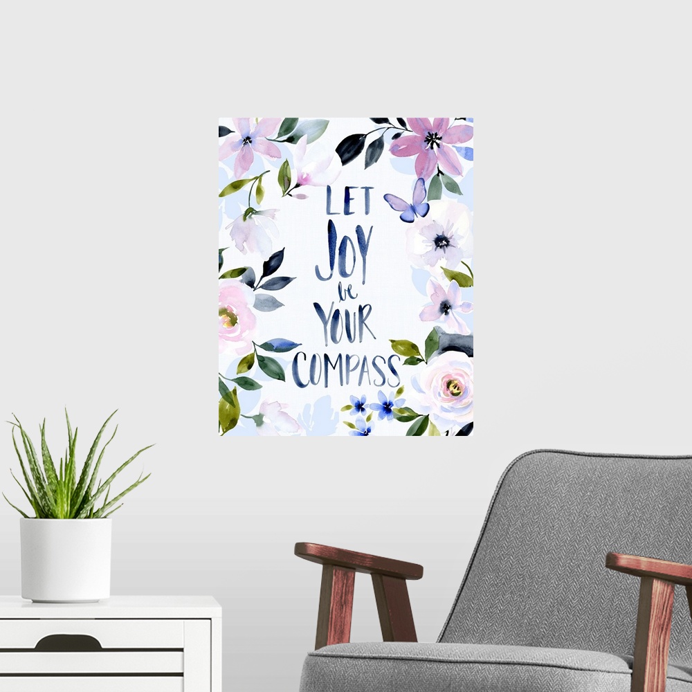 A modern room featuring Watercolor illustration with hand written text and white roses.