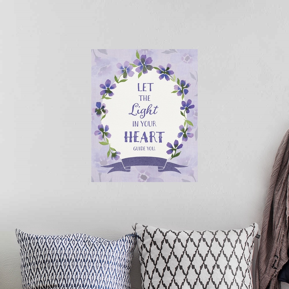 A bohemian room featuring An inspirational message surrounded by lavender flowers.
