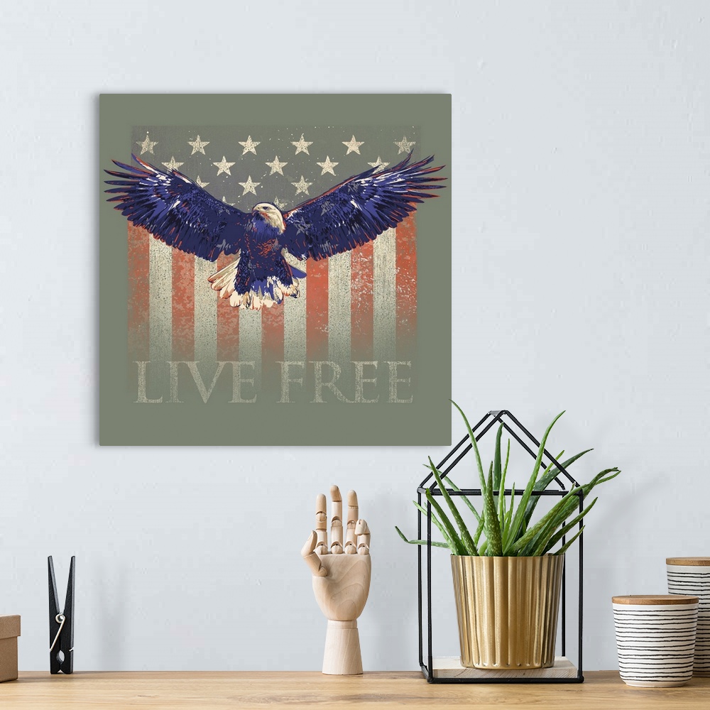 A bohemian room featuring "LIVE FREE" with a bald eagle in flight and an American flag.