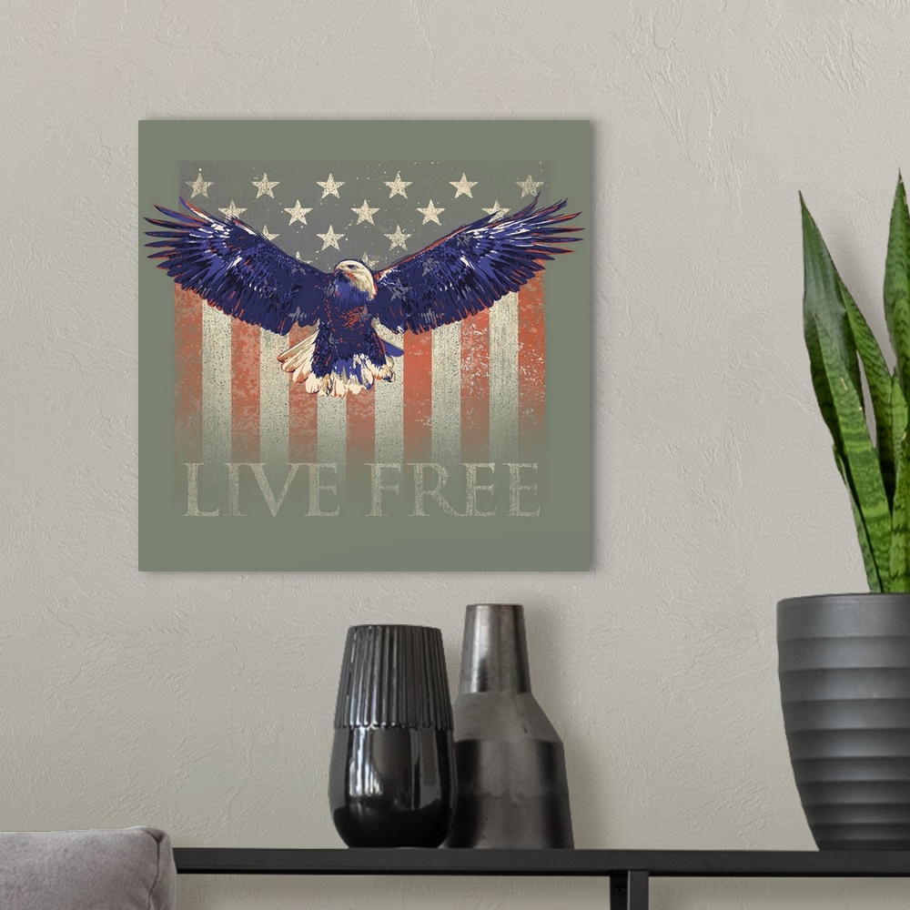 A modern room featuring "LIVE FREE" with a bald eagle in flight and an American flag.