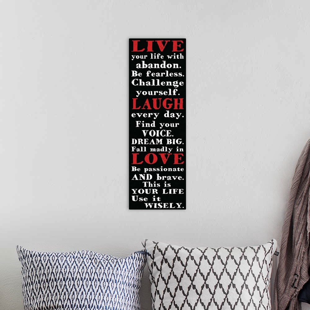 A bohemian room featuring Live Laugh Love, red