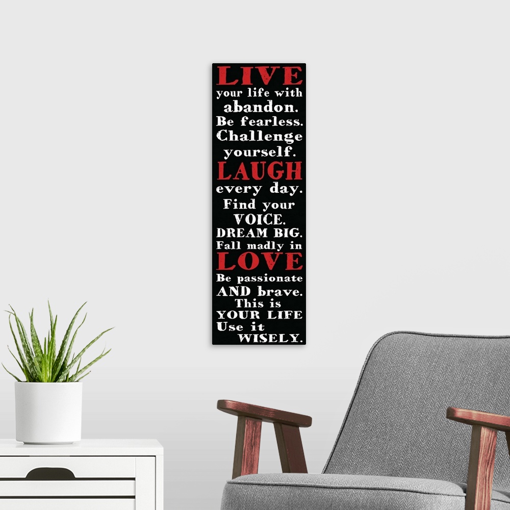 A modern room featuring Live Laugh Love, red