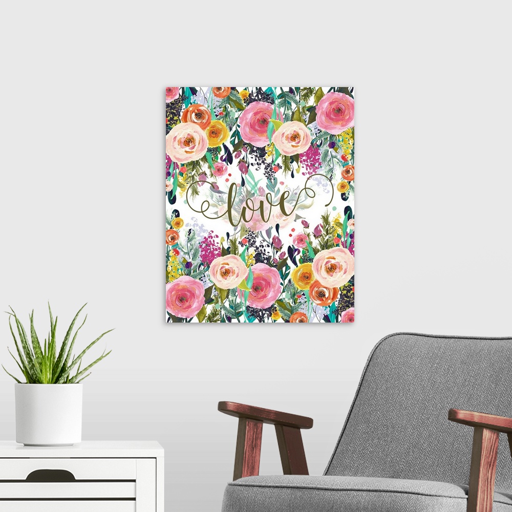 A modern room featuring A bright floral painting with the word "love" written in the middle.