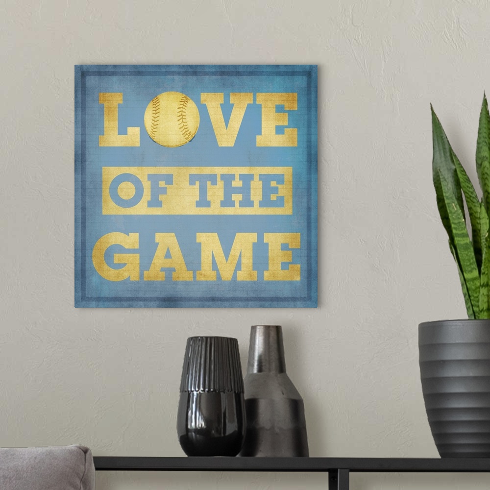 A modern room featuring Love of the Game Typography Art - blue