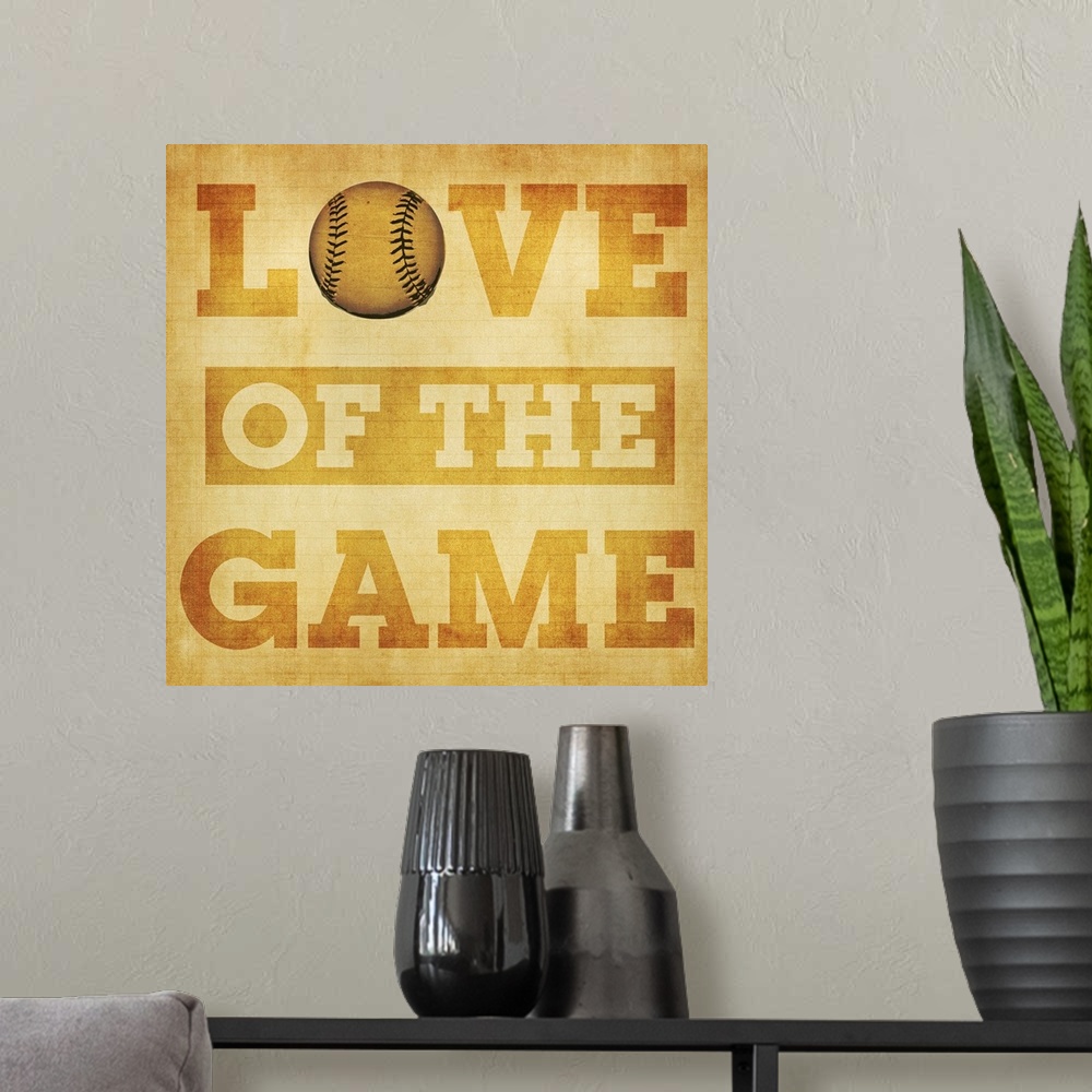 A modern room featuring Love of the Game Typography Art - tan