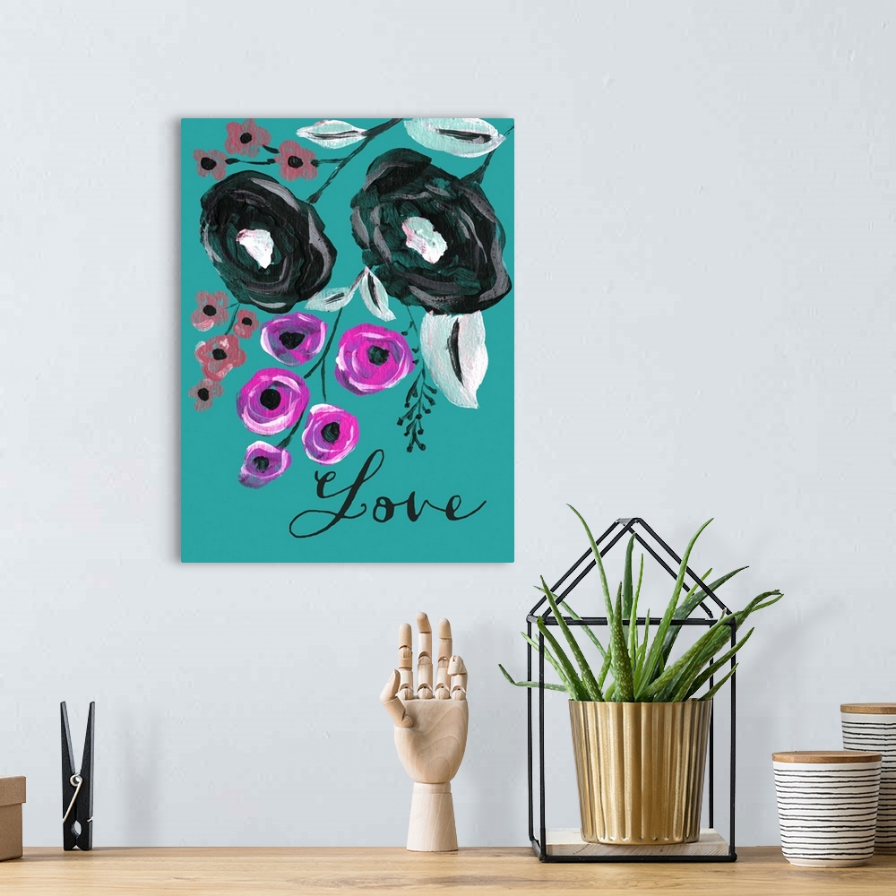 A bohemian room featuring Contemporary painting of black and purple flowers against a dark teal background.