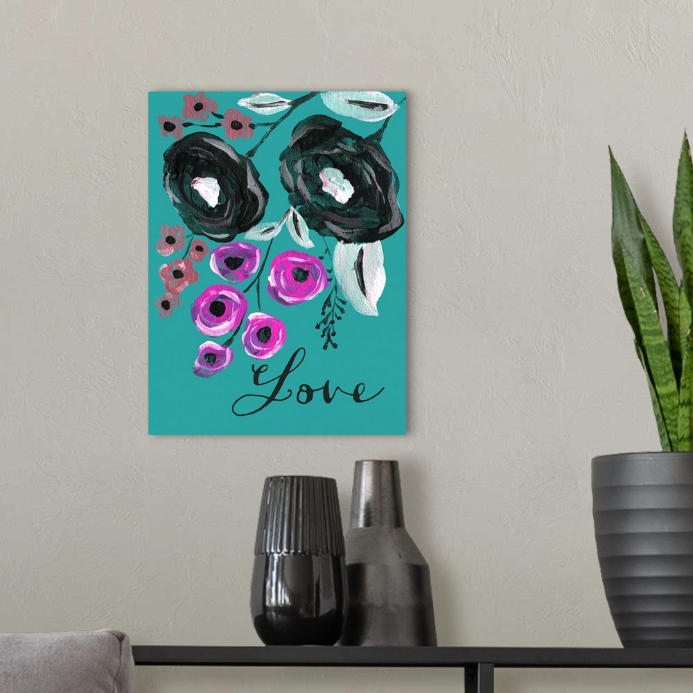 A modern room featuring Contemporary painting of black and purple flowers against a dark teal background.