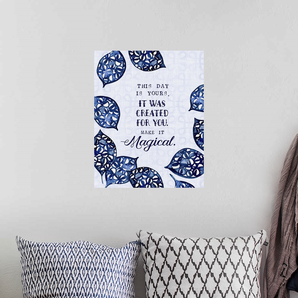 A bohemian room featuring Watercolor illustration in shades of navy blue of round leaves.
