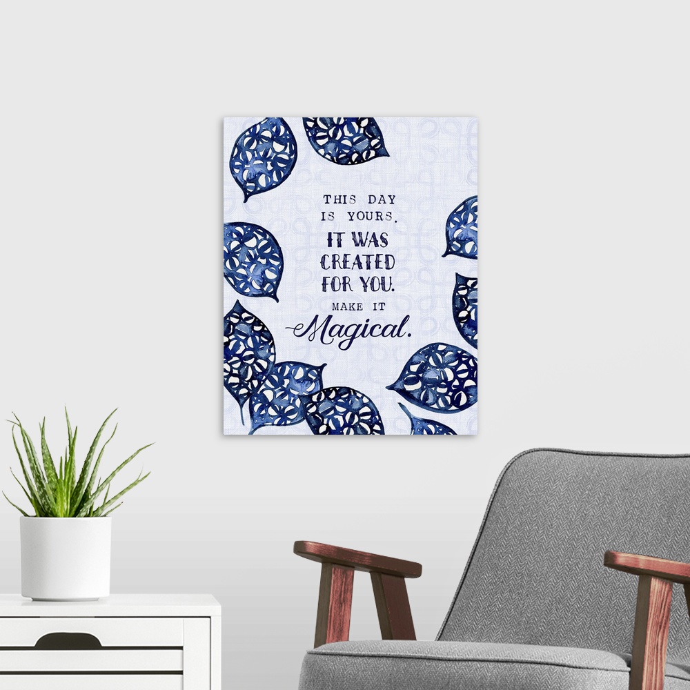 A modern room featuring Watercolor illustration in shades of navy blue of round leaves.